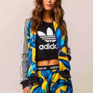 Adidas X Farm Rio 3 Stripe Track Jacket Size S Women Blue Yellow Tropical Leaf